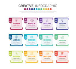 Timeline presentation for 12 months, 1 year, Timeline infographics design vector and Presentation business can be used for Business concept with 12 options, steps or processes.