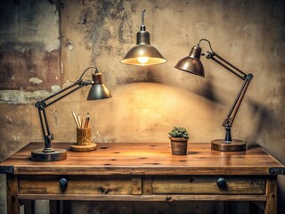 Worn wooden desk surface vintage desk lamps warm beige tone rustic