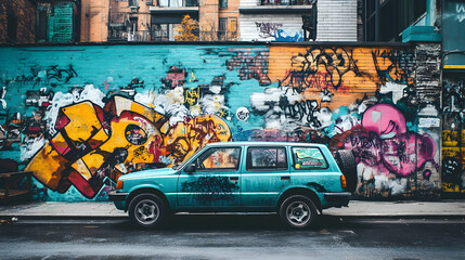 A car parked in front of a graffiti-covered wall in an urban setting, with vibrant colors and street art creating a striking contrast.


