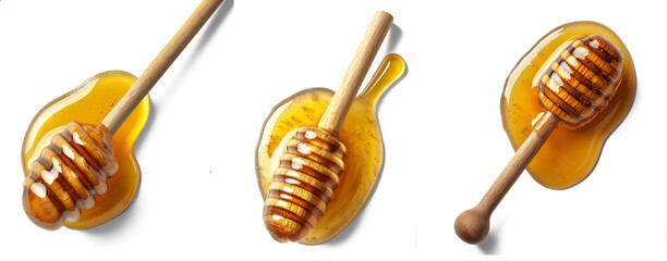 top view of wooden Honey drop with stirrer with shadow isolated on white background