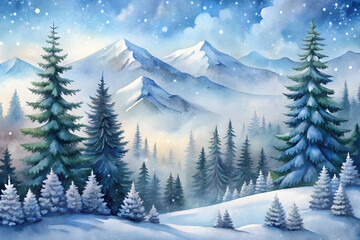 Fototapeta premium Winter background. Hand-painted watercolor drawing for Christmas and Happy New Year season. cute winter trees, isolated of trees, leaves, snow, and elements of nature to create a landscape
