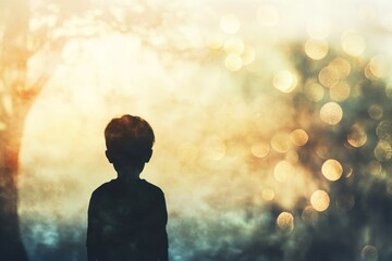 Obraz premium A Silhouette of a Young Boy Against a Blurred, Golden Background