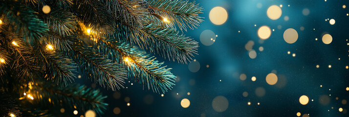 Blurred background with pine tree branches and golden lights, festive Christmas decoration. Abstract dark blue-green bokeh background for holiday celebration card banner design
