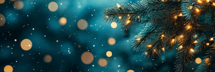 Blurred background with pine tree branches and golden lights, festive Christmas decoration. Abstract dark blue-green bokeh background for holiday celebration card banner design
