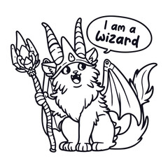 cute cat with horns, wings and a magic scepter and saying 