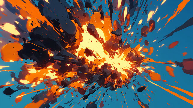 A 2D illustration in the shape of a mango captures the explosive impact with dynamic movements, embodying the energy of comic-style bursts or powerful graphic explosions.