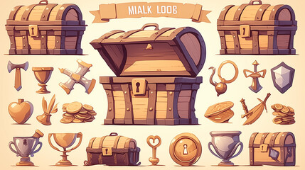 GUI design elements for pirate loot, featuring modern cartoon-style treasure chests, trunks, and wooden boxes with iron, silver, gold, and platinum reinforcements. Also includes trophies, magical item