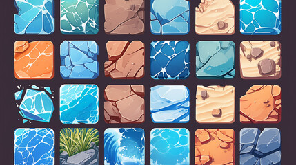 A collection of 2D square tiles viewed from above, designed for game levels. The cartoon-style tiles include textures of rock, sand, ice, water, grass, and stone.