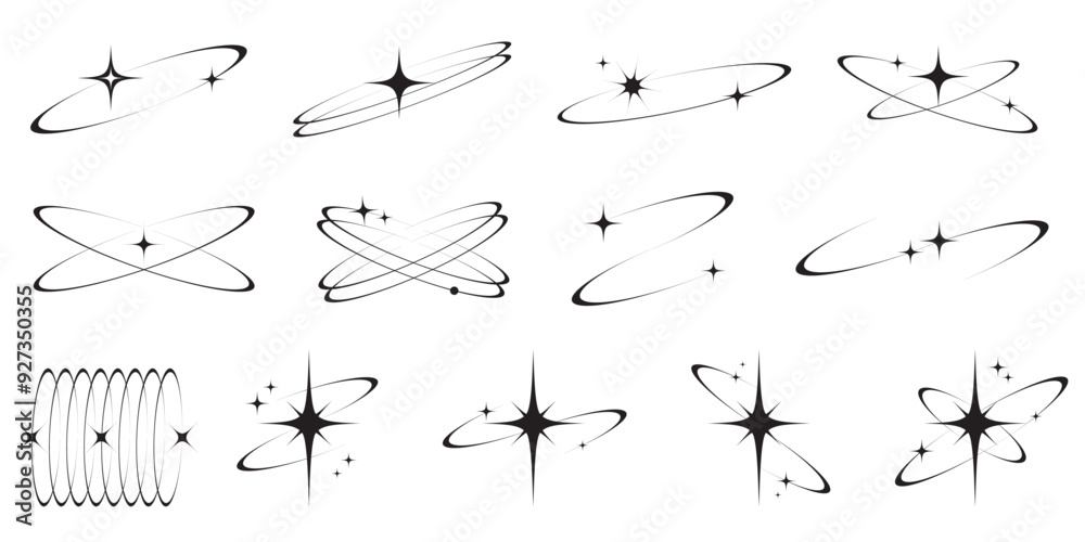 Sticker y2k icons of star shapes shiny glitter elements. abstract retro minimal twinkles set with cosmic orb