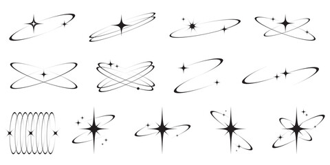 Y2k icons of star shapes Shiny glitter elements. Abstract retro minimal twinkles set with cosmic orbits. Minimal modern futuristic figures isolated on white background.