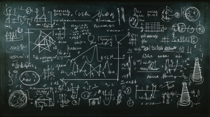 Chalkboard with complex scientific formulas and diagrams