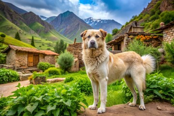 Majestic Armenian Gampr dog stands guard in a lush garden surrounded by rustic farm buildings in Saqez, Kurdistan Province, Iran, showcasing rural countryside charm.