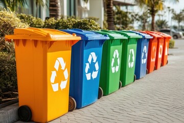Colorful Recycling Bins Lined Up Outdoors