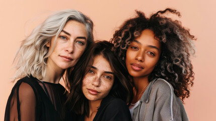 Fototapeta premium Portrait of three multiracial friends in stylish clothes against a soft light background. Beautiful women posing indoors. Beauty and fashion concept.