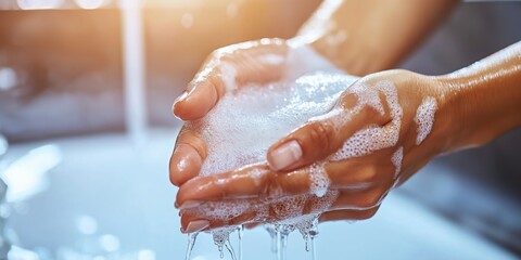 A person is washing their hands in a sink with soap. The image conveys the importance of handwashing to maintain good hygiene and prevent the spread of germs