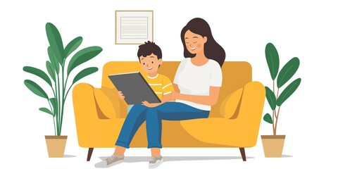 Fototapeta premium A woman and a boy are sitting on a couch, with a tablet in front of them. Concept of warmth and togetherness, as the woman