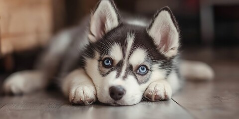 A small dog with blue eyes lays on a wooden floor. The dog is looking at the camera
