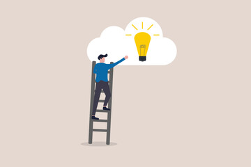 Businessman climb up ladder to reach lightbulbin cloud. concept of Creativity idea, solution,  success, business growth, improvement progress, personal development