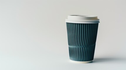 Disposable dark green paper coffee cup with a white lid, placed on a white surface