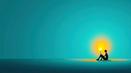 Diminished Hope and Energy in Financial Stress - Cartoon Figure in Dark Room with Flickering Candle Light, Flat Design Illustration with Copyspace