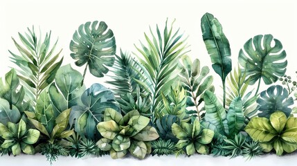 Obraz premium A watercolor banner frame with tropical leaves and branches is isolated on a white background, ready for use in invitations and wedding designs.