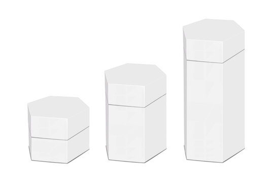 White blank paper hexagon box with separate lid set. Realistic 3d vector mock-up. Tall cardboard hex gift box. Mockup. Hexagonal tube packaging isolated. Template for design