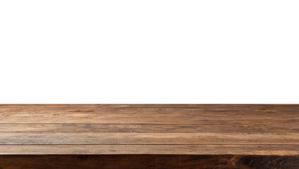 Fototapeta premium Empty wooden table top in warm brown tones, perfect for showcasing products or creating a rustic display,transparent background png file.