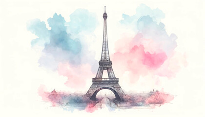 Watercolor illustration of the Eiffel Tower, Paris, with colorful splashes on a white background, perfect for tourism, travel agencies, holiday cards, or French-themed designs. Ideal for Bastille Day 