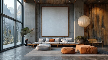 A white mock-up poster in a modern gym features Scandinavian-style interior design, providing a clean and stylish presentation space.