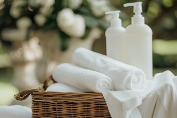 Basket of White Towels with Lotion Dispenser on Bed