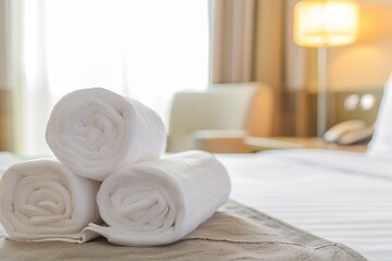 Stack of White Towels on a Bed in a Cozy Bedroom