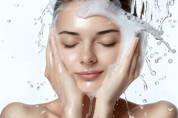 Naklejka premium Refreshing Face Wash with Soap Bubbles and Water Splashes on a clean white background