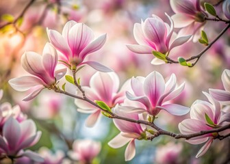 Fototapeta premium Delicate pink and white blossoms of a saucer magnolia tree swirl together in a beautiful dance, set against a soft, blurred natural background in early spring.