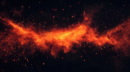 A vivid cosmic scene depicting swirling orange and red particles resembling a nebula.