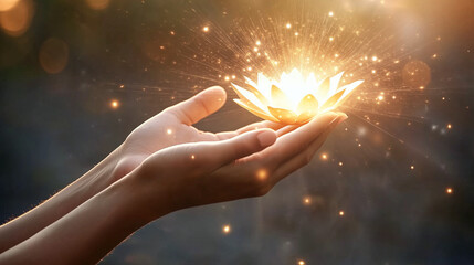 Hands Holding a Glowing Lotus Flower Symbolizing Enlightenment and Spiritual Awakening in Buddhism and Dhamma