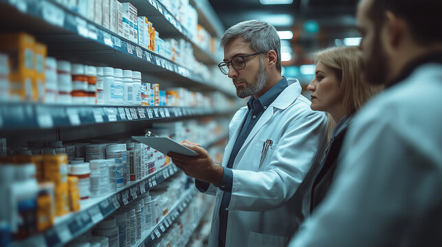 pharmacist is using a digital tablet and smiling while checking medications in pharmacy
