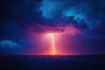A dramatic and powerful thunderstorm with lightning illuminating the night sky over