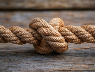 Fototapeta premium Close-up of a sturdy rope tied into a tight knot, showcasing the texture and detail of the fibers, symbolizing strength, connection, and reliability.