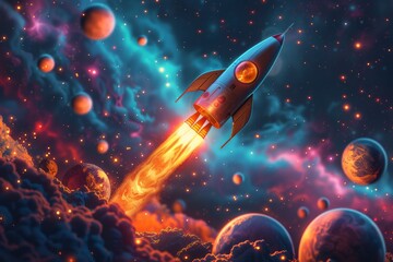 A rocket navigating through a starry cosmos, featuring an array of bright and colorful planets. Generative AI