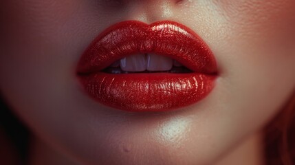 Obraz premium Close-up of young female model wearing red shiny lipstick on beautiful plump soft lips.