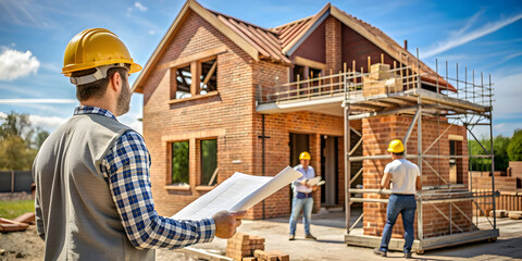 a brick house is being built in a private fenced