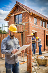 a brick house is being built in a private fenced