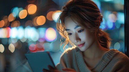 A young Asian businesswoman uses a laptop and mobile phone at night in a dark office, reflecting a professional working environment.