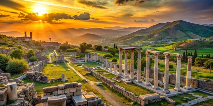 Breathtaking panoramic view of ancient ruins amidst lush green hills and valley in Magnesia, a historic city in Ionia, Aydın, Turkey, at sunset.