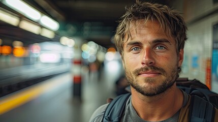 Obraz premium A young man with a backpack stands by open subway doors, waiting for the next train and looking at the camera.