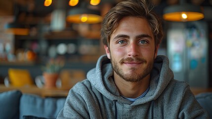 Obraz premium A young vlogger or YouTuber talks to the camera in a relaxed, casual setting at home, engaging with his audience.