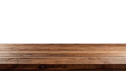 Empty wooden table top in warm brown tones, perfect for showcasing products or creating a rustic display,transparent background png file.