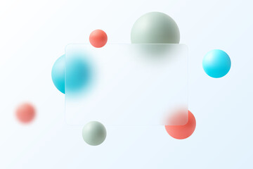 Colored spheres and transparent glass banner, glass morphism background.