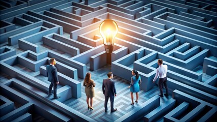 Diverse business team navigates complex maze, illuminated by a bright lightbulb, symbolizing innovative collaboration and effective teamwork driving success in a modern office setting.