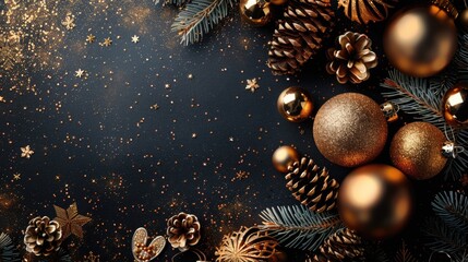 Fancy golden and black christmas balls and conifer cone black background copy space for text
